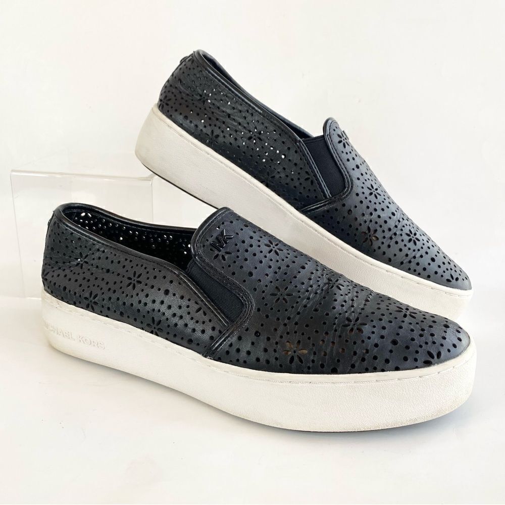 Michael Kors Kane Leather Cutout Perforated Sneakers Slip On Black Size 7.5